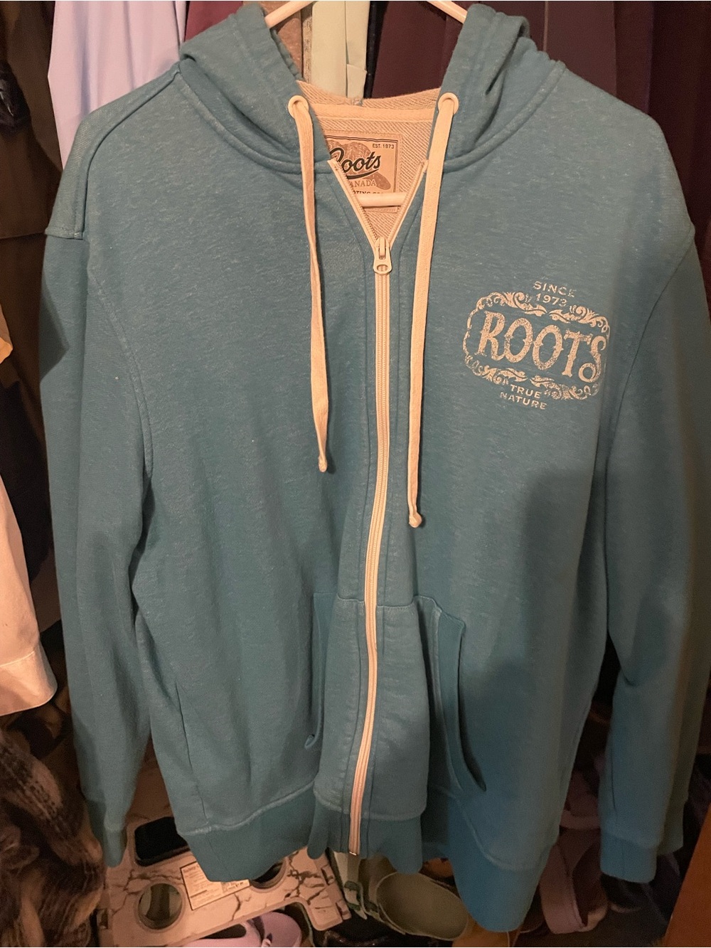 Roots Teal Full Zip Hoodie with Cream Logo and Accents - XL